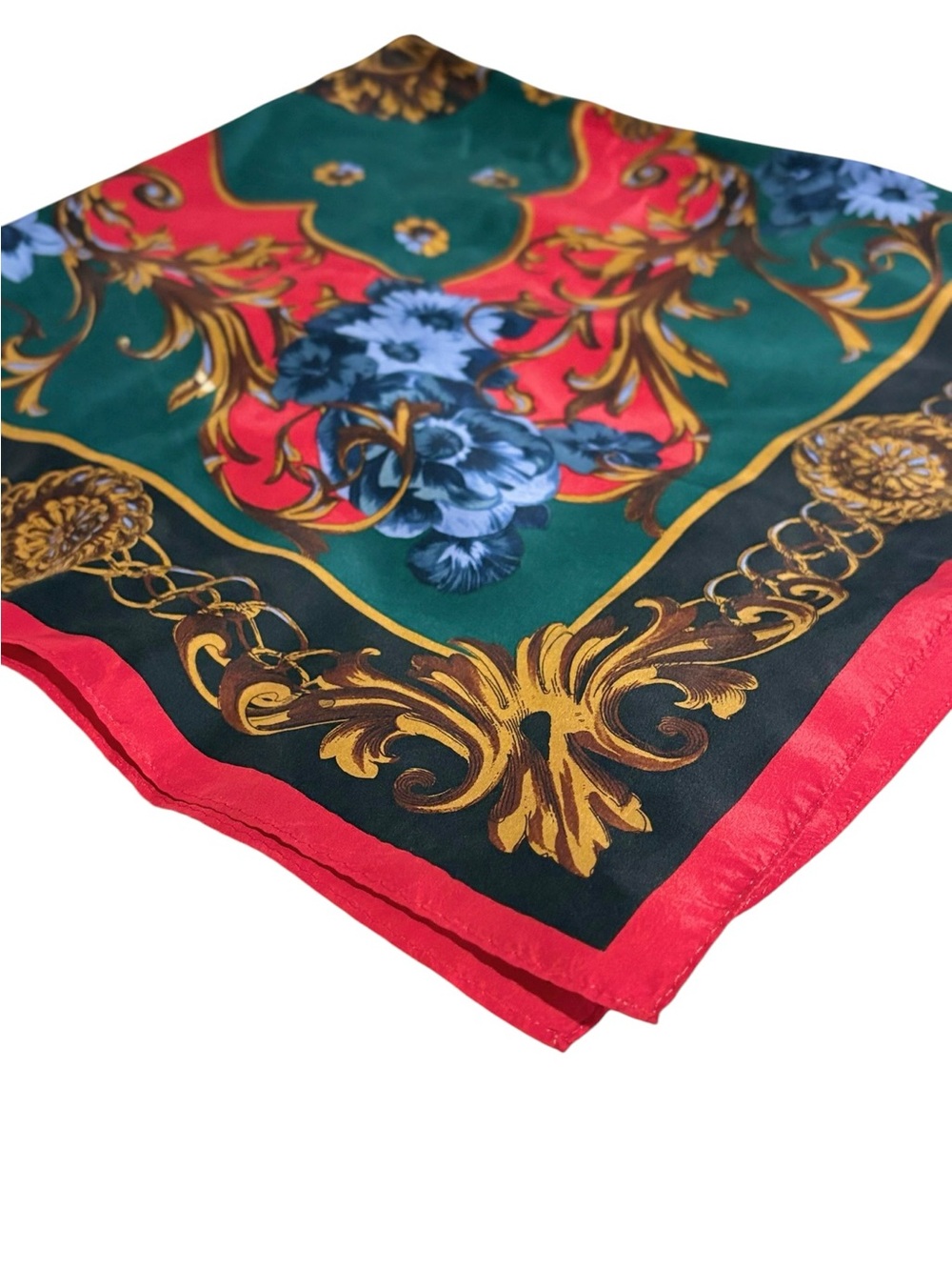 Vintage  Silk-Feel Floral Baroque Scarf in Green and Red
